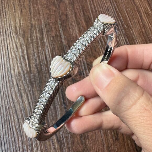 JUDITH RIPKA Sterling Silver Cuff Bracelet Pink Mother of Pearl Heart & CZ, MOP - Picture 4 of 14